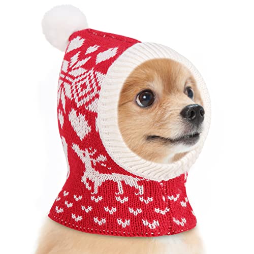 Pawaboo Haustier Weihnachtsmütze, Hund Winter Strickmütze mit Pompon Lustige Weihnachts Hundemütze Winter Warme Gestrickte Mütze Schal Warme Kappe für Kleine Hunde, S, Weihnachtselche Rot von Pawaboo