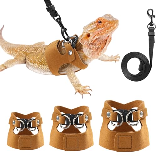 Pawaboo Haustiergeschirr, 3 Leder Bearded Dragon Eidechse Geschirr Hängematte Set Verstellbare Outdoor Harness Leine für Kleine Haustiere Eidechse Reptilien, Braun von Pawaboo