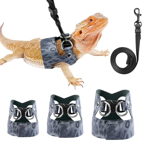Pawaboo Haustiergeschirr, 3 Leder Bearded Dragon Eidechse Geschirr Hängematte Set Verstellbare Outdoor Harness Leine für Kleine Haustiere Eidechse Reptilien, Leopard Staubblau von Pawaboo