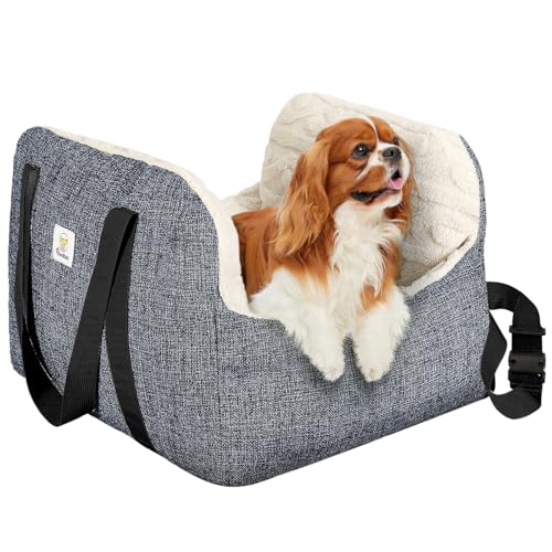 Pawaboo Hund Autositz, Hund Booster Autositz für Klein Hunde, Welpensitz für Auto mit Fest Schnalle und Sicherheitsgurt, Verdickt Hundebett Autositz, Haustier Reise Träger Bett bis zu 25lbs (Grau) von Pawaboo