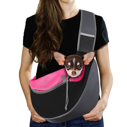 Pawaboo Hund Tragetuch Tragetasche, Hand Frei Atmungsaktiv Mesh Tasche für Welpen Katze, Drawstring Hund Papoose mit Verstellbarem Riemen und Tasche, Crossbody Schulranzen Hunde Handtasche, M, Magenta von Pawaboo