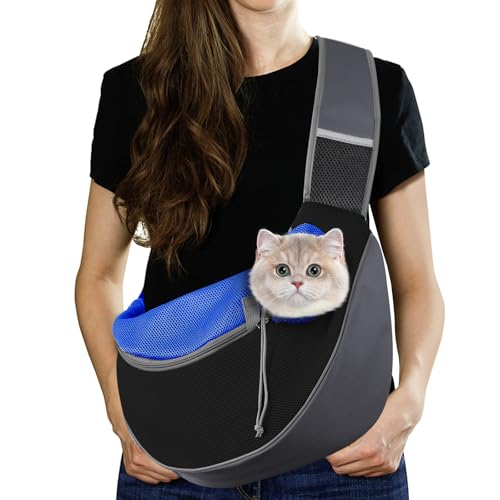 Pawaboo Hund Tragetuch Tragetasche, Hand Frei Atmungsaktiv Mesh Tasche für Welpen Katze, Drawstring Hund Papoose mit Verstellbarem Riemen und Tasche, Crossbody Schulranzen Hunde Handtasche, S, Indigo von Pawaboo