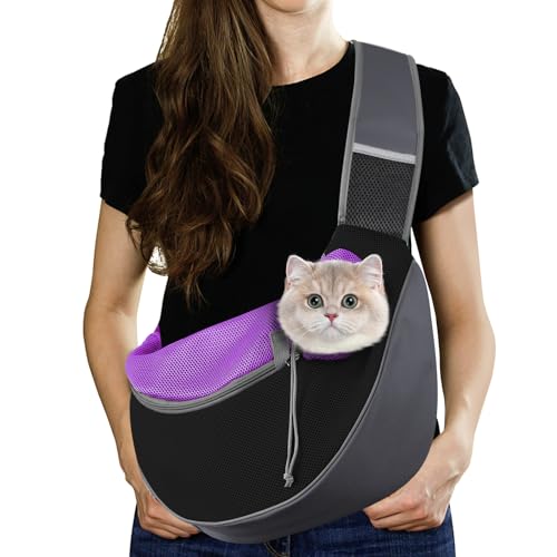 Pawaboo Hund Tragetuch Tragetasche, Hand Frei Atmungsaktiv Mesh Tasche für Welpen Katze, Drawstring Hund Papoose mit Verstellbarem Riemen und Tasche, Schulranzen Hunde Handtasche, S, Purpurschwarz von Pawaboo