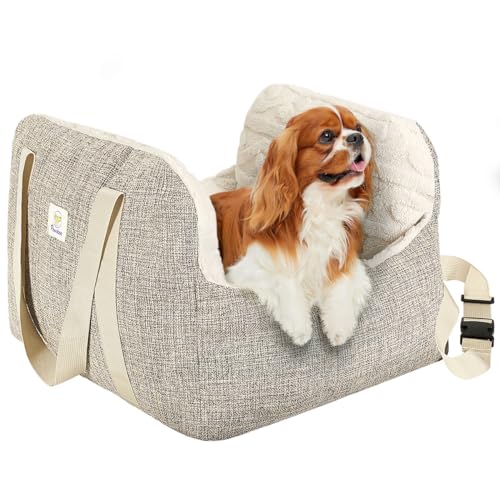 Pawaboo Hunde Autositz für kleine Hunde, Klein Hundesitz mit Fest Schnalle und Sicherheitsgurt, Verdicktes Hundebett Autositz Haustier Reiseträger Bett Welpensitz für Auto, bis zu 25lbs, Braun+Beige von Pawaboo