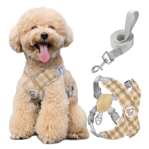 Pawaboo Hundegeschirr mit Hundeleine Set, X-Rahmen Verstellbares Anti Zug Anti-Erstickung Hund Brustgeschirr für Kleine, Mittelgroße Hunde & Welpen, Hundeweste mit Leine, M, Khaki Kariert von Pawaboo