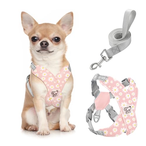 Pawaboo Hundegeschirr mit Hundeleine Set, X-Rahmen Verstellbares Anti Zug Anti-Erstickung Hund Brustgeschirr für Kleine, Mittelgroße Hunde & Welpen, Hundeweste mit Leine, S, Rosa Gänseblume von Pawaboo