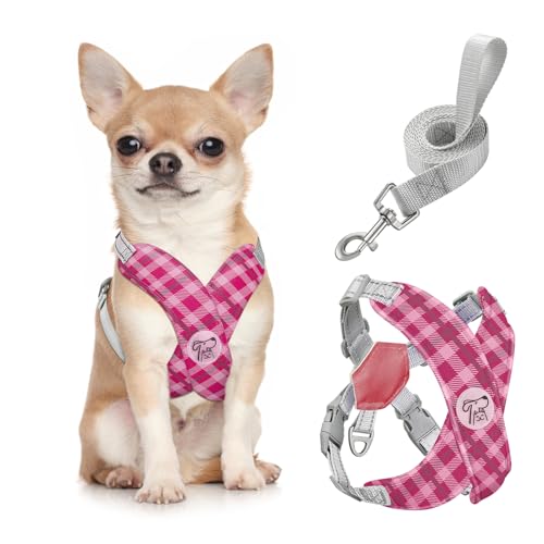 Pawaboo Hundegeschirr mit Hundeleine Set, X-Rahmen Verstellbares Anti Zug Anti-Erstickung Hund Brustgeschirr für Kleine, Mittelgroße Hunde & Welpen, Hundeweste mit Leine, S, Rosa Kariert von Pawaboo