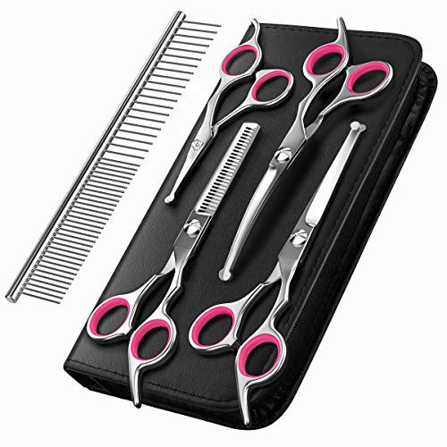 Pawaboo Hundepflege Schere Set, 5 Stück Professionelle Hundesalon Schere Kämmen Fellschere mit Runder Sicherheitspitze für Haustiere Hunde Katze Effilierschere Haarpflege Fellpflege Schneiden - Rosa von Pawaboo