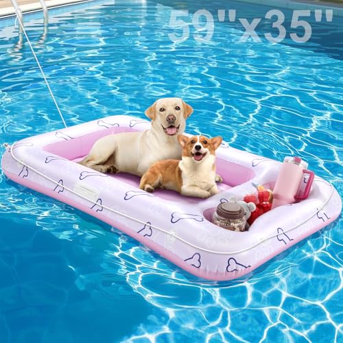 Pawaboo Hundepool-Schwimmring, Aufblasbare Pool-Schwimmringe für Mittelgroße und Große Hunde bis zu 220 lbs, Hundeschwimmflöße mit Doppelten Griffen und Snackbereich, Schwimmende Hundeliege, Rosa von Pawaboo