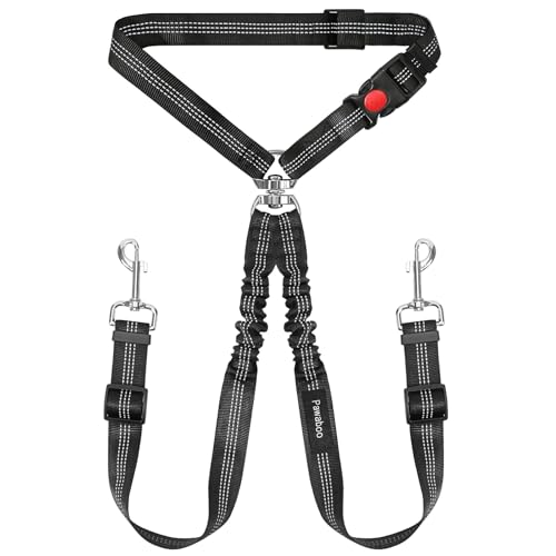 Pawaboo Hundesicherheitsgurt für Auto, Hundeautosicherheitsgurt Kopfstütze mit Doppelter Leine, 360° No Tangle Hundesicherheitsgurte für 2 Hunde mit Elastischem Bungee und Reflektierenden Streifen von Pawaboo