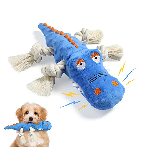 Pawaboo Quietsch Plüsch Enten Hundespielzeug, Superweich Krokodilform Hund Plüsch Spielzeug, Baumwollseil für Haustieren Beißen Training Kauspielzeug Ungiftige Plüschspielzeug für Hunde, Blau von Pawaboo