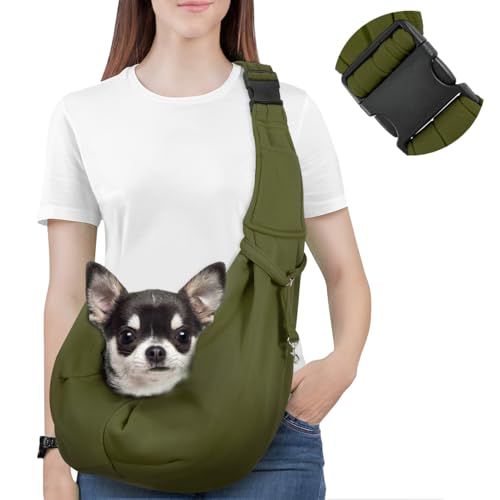 Pawaboo Hundetragetasche Welpen, Tragbare Transporttasche für Hunde Bis zu 12 lbs, Tragetuch Hund Katzen Verstellbar, Outdoor Hund Tragetuch Haustiere Umhängetasche für Klein Hund Katze, Armeegrün von Pawaboo