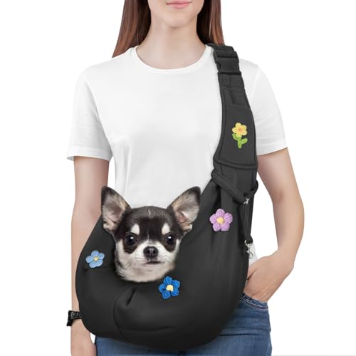 Pawaboo Hundetragetasche, Tragbare Haustier Hundetasche mit Verstellbare Schultergurt,Outdoor Reise Haustier Umhängetasche Transporttasche für Klein Hund Katze (Bis zu 12lbs), Blumen + Schwarz von Pawaboo