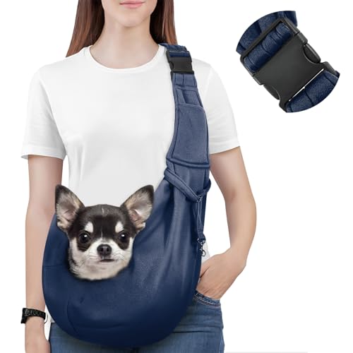 Pawaboo Hundetragetasche Welpen, Tragbare Transporttasche für Hunde Bis zu 12 lbs, Tragetuch Hund Katzen Verstellbar, Outdoor Hund Tragetuch Haustiere Umhängetasche für Klein Hund Katze, Marineblau von Pawaboo