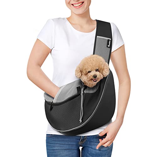 Pawaboo Hundetragetasche, Neu aufgewertet Hundetasche mit Touch-Pocket, Verstellbare Tragetasche Hund, Haustier Umhängetasche Transporttasche für Haustiere für Outdoor Reisen - M, Schwarz von Pawaboo