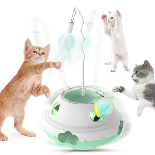 Pawaboo Interaktiv Katzenspielzeug, 3 In 1 Katzenspielzeug Elektrisch mit Einziehbaren Federn und LED-Licht Automatisches Spielzeug, Slow Feeder Intelligenzspielzeug für Innenbereich Katzen von Pawaboo