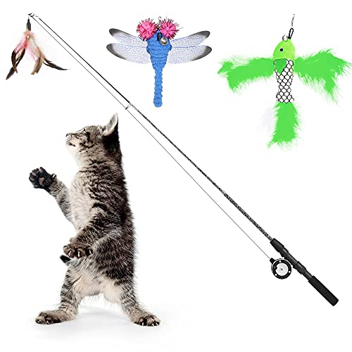 Pawaboo Interaktive Katzenspielzeug, Einziehbar Katzenangel mit 3 Ersatz Angelköder aus Federn und Glocken, Einstellbare Schnurlänge, Feder-Teaser für Katzen Kätzchen Spaß, Blau Pawaboo Interaktive Katzenspielzeug, Einziehbar Katzenangel mit 3 Ersatz Angelköder aus Federn und Glocken, Einstellbare Schnurlänge, Feder-Teaser für Katzen Kätzchen Spaß, Blau von Pawaboo