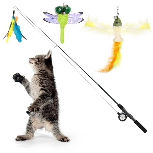 Pawaboo Interaktive Katzenspielzeug, Einziehbar Katzenangel mit 3 Ersatz Angelköder aus Federn und Glocken, Einstellbare Schnurlänge, Feder-Teaser für Katzen Kätzchen Spaß, Bunt Pawaboo Interaktive Katzenspielzeug, Einziehbar Katzenangel mit 3 Ersatz Angelköder aus Federn und Glocken, Einstellbare Schnurlänge, Feder-Teaser für Katzen Kätzchen Spaß, Bunt von Pawaboo