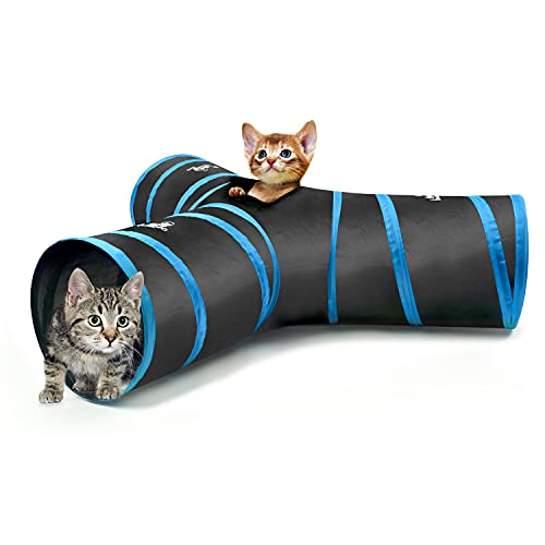 Pawaboo Katze Tunnel - Faltbar 3 Wege Katzentunnel Cat Play Tunnel Spieltunnel Rascheltunnel Katzenspielzeug mit Pompon und Glocken für Hunde, Welpeln, Kaninchen, 25 * 40cm, Schwarz und Hellblau von Pawaboo