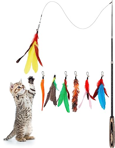 Pawaboo Katzenspielzeug - Interaktives Katzenangel Katze Spielzeug Katzen-Spielstab Katzenspielzeug-Stab mit Federn und 38,6 Zoll Stab und Glocken für Kätzchen oder Katze, Bunte Streifen von Pawaboo