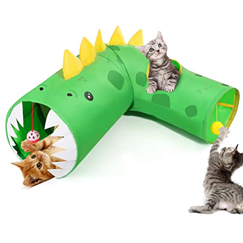 Pawaboo Katzenspielzeug Katzentunnel, Faltbares Katzen Spielzeug mit Glockenball Knitterpapier und Peek Hole Pet Tunnel, Dinosaurier Form Rascheltunnel Spieltunnel für Kätzchen Welpe Kaninchen von Pawaboo