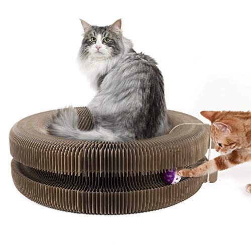Pawaboo Katzenspielzeug Lounge Bett, Hochwertiges Recyceltes Wellpappenpapier Interaktives Katzenspielzeug Kratzbaum Rund Bett mit Klingel für Katzen Kätzchen - Beige von Pawaboo