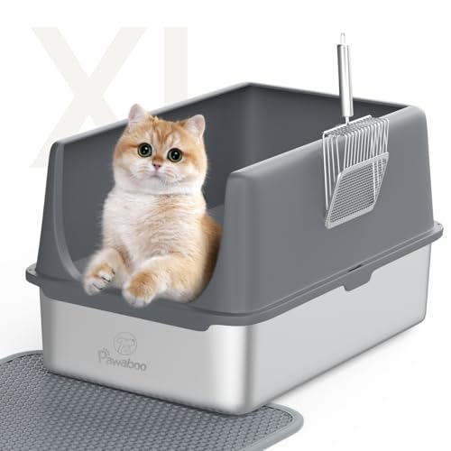Pawaboo Katzenklo Edelstahl mit Deckel, 60 L x 40 W x 35 H cm XXL Katzenklo, Katzentoilette Edelstahl, Antihaft-Streuschale mit Streuschaufel und Streumatte von Pawaboo