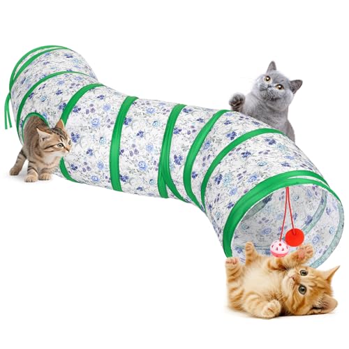 Pawaboo Katzentunnel, S-förmiger Katzentunnel 25 * 97cm(9,8"*38,2") mit Bällen und Glocken, Zusammenklappbares Kätzchen Spielzelt Spielzeug Interaktives Katzenhaus mit Gucklöchern, Blau + Weiß Blume von Pawaboo