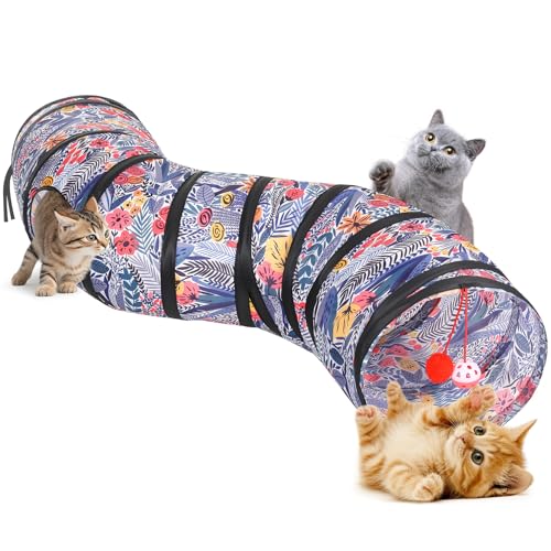 Pawaboo Katzentunnel, S-förmiger Katzentunnel 25 * 97cm(9,8"*38,2") mit Bällen und Glocken, Zusammenklappbares Kätzchen Spielzelt Spielzeug Interaktives Katzenhaus mit Gucklöchern, Blau Blume von Pawaboo