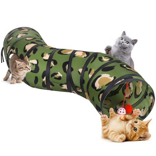 Pawaboo Katzentunnel, S-förmiger Katzentunnel 25 * 97cm(9,8"*38,2") mit Bällen und Glocken, Zusammenklappbares Kätzchen Spielzelt Spielzeug Interaktives Katzenhaus mit Gucklöchern, Leopard Muster von Pawaboo