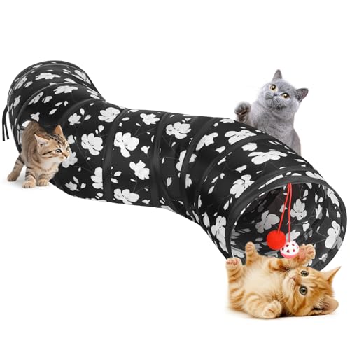 Pawaboo Katzentunnel, S-förmiger Katzentunnel 25 * 97cm(9,8"*38,2") mit Bällen und Glocken, Zusammenklappbares Kätzchen Spielzelt Spielzeug Interaktives Katzenhaus mit Gucklöchern, Magnolie von Pawaboo
