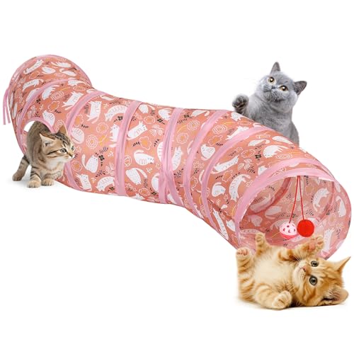 Pawaboo Katzentunnel, S-förmiger Katzentunnel 25 * 97cm(9,8"*38,2") mit Bällen und Glocken, Zusammenklappbares Kätzchen Spielzelt Spielzeug Interaktives Katzenhaus mit Gucklöchern, Rosa Kätzchen von Pawaboo