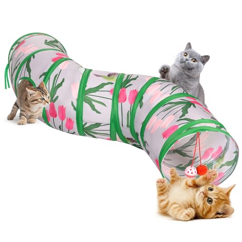 Pawaboo Katzentunnel, S-förmiger Katzentunnel 25 * 97cm(9,8"*38,2") mit Bällen und Glocken, Zusammenklappbares Kätzchen Spielzelt Spielzeug Interaktives Katzenhaus mit Gucklöchern, Tulpe & Vogel von Pawaboo