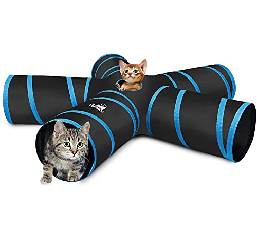 Pawaboo Katzetunnel, Premium-5-Wege-Tunnel Erweiterbar Zusammenklappbar Katzen Spielzeug Maze versetzte Tunnel Katzen Spielzeug mit Pompon und Bells für Kätzchen Kaninchen, Schwarz & Hellbalu von Pawaboo