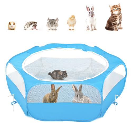 Pawaboo Kleintiere Freigehege, Visuell Laufstall mit Netz Reißverschluss und Nylonboden, Wasserdicht Faltbar Kaninchen Freilaufgehege für Hasen Hühner Kätzchen Welpen Kaninchen Hamster - Blau von Pawaboo