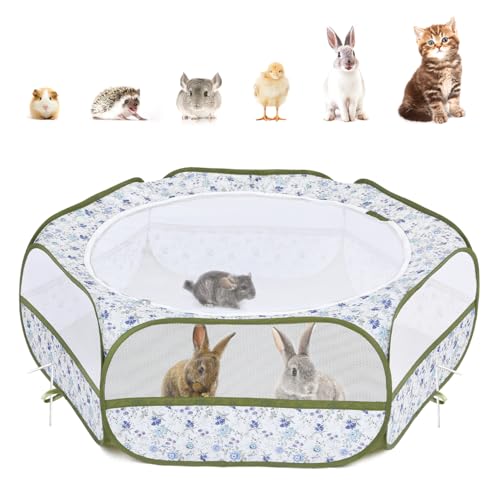 Pawaboo Kleintiere Freigehege, Wasserdicht Faltbar Kaninchen Freilaufgehege für Hasen Hühner Kätzchen Welpen Kaninchen, Visuell Laufstall mit Netz Reißverschluss und Nylonboden, Blau + Weiß Blume von Pawaboo