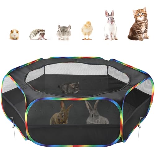 Pawaboo Kleintiere Freigehege, Wasserdicht Faltbar Kaninchen Freilaufgehege für Hasen Hühner Kätzchen Welpen Kaninchen Hamster, Laufstall mit Netz Reißverschluss und Nylonboden, Schwarz + Regenbogen von Pawaboo
