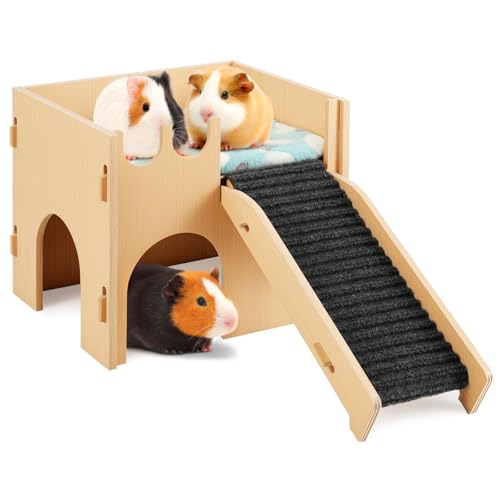 Pawaboo Meerschweinchen- und Hamsterhaus, 2-in-1 Meerschweinchenversteck mit Treppe und Kissen, Hamsterschloss aus Holz, Leicht Zusammenzubauen, Abnehmbare Kleintierhaus-Bett-Hütte-Habitate mit Rampen von Pawaboo