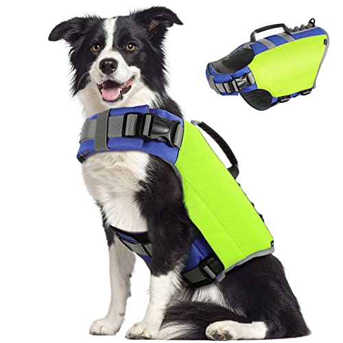 Pawaboo Schwimmweste Hund, Einstellbare Hundeschwimmweste mit Starkem Auftrieb und Langlebigem Rettungsgriff Reflektierend Rettungswesten, L, Helles Gelb von Pawaboo