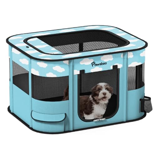 Pawaboo Tragbarer Haustierstall, Faltbarer Hundelaufstall mit Wasserdichtem Oxford, Katzengehege mit Reisetasche Faltbarem Napf, Indoor Outdoor Gebrauch für Welpe Katze, M, Blau + Weiß Wolken von Pawaboo