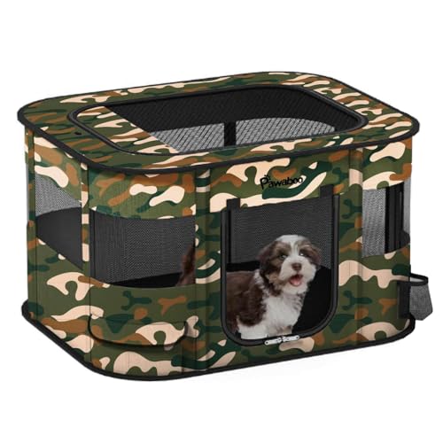 Pawaboo Tragbarer Haustierstall, Faltbarer Hundelaufstall mit Wasserdichtem Oxford, Katzengehege mit Reisetasche Faltbarem Napf, Indoor Outdoor Gebrauch für Welpe Katze, M, Schwarz Camouflage von Pawaboo