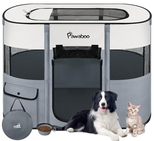 Pawaboo Tragbarer Haustierstall, Faltbarer Hundelaufstall mit Wasserdichtem Oxford, Katzengehege mit Reisetasche Faltbarem Napf, Indoor Outdoor Gebrauch für Welpe Katze Kaninchen, M, Grau von Pawaboo