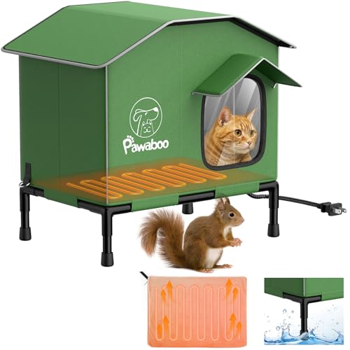 Pawaboo Unzerstörbar Beheizt Katzenhaus Outdoor in Winter, Wetterfest Erhöht Katzenhöhle für Draußen mit Wasserdichter Markise, Isoliert Katzenzelt mit Heizung für Draussen Streuner Wildkatze von Pawaboo