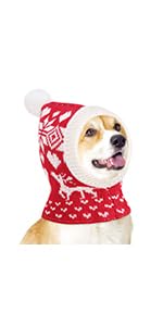 Pawaboo Weihnachtsmütze für Hunde, Lustige Gestrickte Weihnachtsmütze mit Bommel, Gehäkelte Snood-Wintermütze mit Ohrenklappen, Halswärmer-Kapuze für Mittelgroße Hunde, M, Weihnachtshirsch Rot von Pawaboo