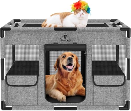 Pawaboo Welpenauslauf Extra Groß Haustier Laufstall, Tragbar Handtasche Hundebox für Katze Hunde, Hund Laufgitter, Verdickt PVC Rohr Rahmen, Groß, Schwarz/Grau von Pawaboo