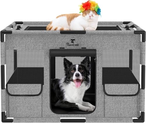 Pawaboo Welpenauslauf Extra Groß Haustier Laufstall, Tragbar Handtasche Hundebox für Katze Hunde, Hund Laufgitter, Verdickt PVC Rohr Rahmen, Mittel, Schwarz/Grau von Pawaboo