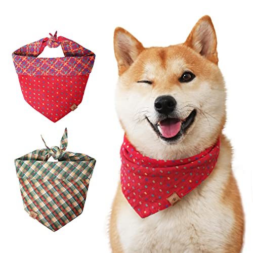 Pawaii Hunde Halstuch 2er Weihnachten Kopftücher Hundehalstuch Dreieckstuch, Hundetuch doppelseitigen Mustern, Baumwolle stilvolle Dog Bandanas für kleine und große Hunde (M (68,6 cm), grün und rot) von Pawaii