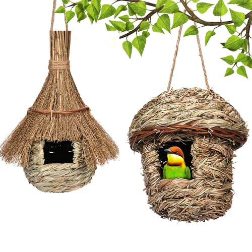 Pawcean Vogelhaus aus braunem Gras, 15 x 14 cm, für den Außenbereich, Gartendekoration, hängende Vogelhütte, Vogelnest, gemütlicher Ruheplatz, 2 Stück von Pawcean