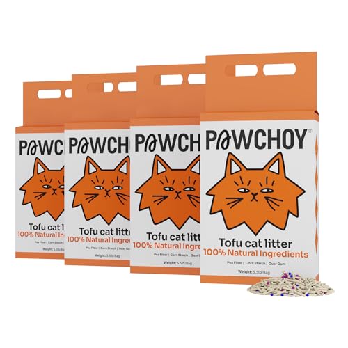 PAWCHOY Tofu Katzenstreu - klumpend, spülbar, ultra saugfähig & schnell trocknend | 100% natürlich, staubfrei, geringe Spurhaltung, wasserlöslich & umweltfreundlich (2,5 kg x 4 Beutel) von Pawchoy