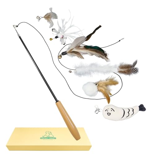 Pawfect Family® Interactive Cat Teaser Toy Set with Wooden Wand Handle and 6 Feather-Plush Attachments - Extendable und Retractable Fishing Rod Stick for Cats von Pawfect Family